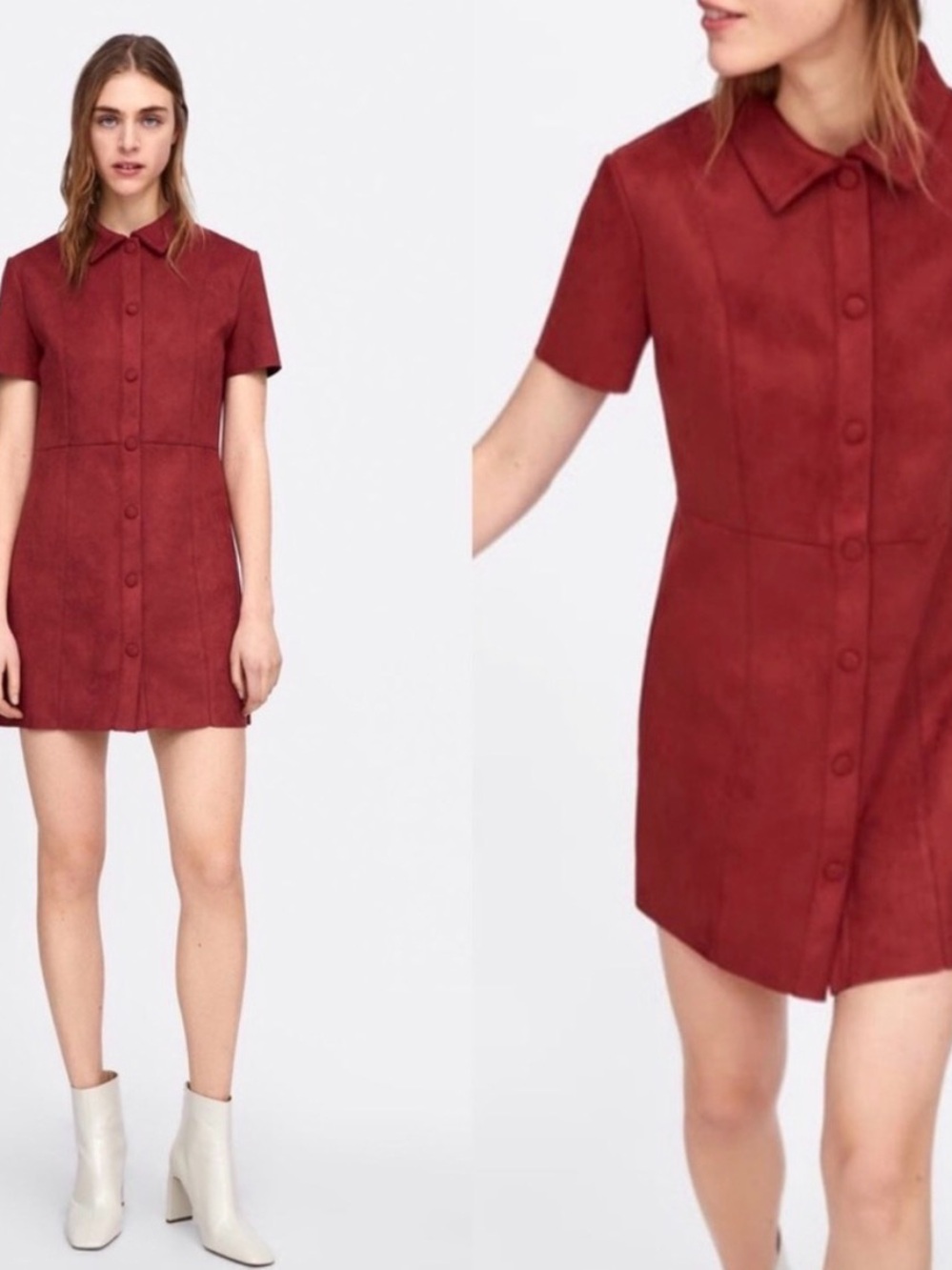 Zara Rustic Red Short-Sleeve Button Mini Dress